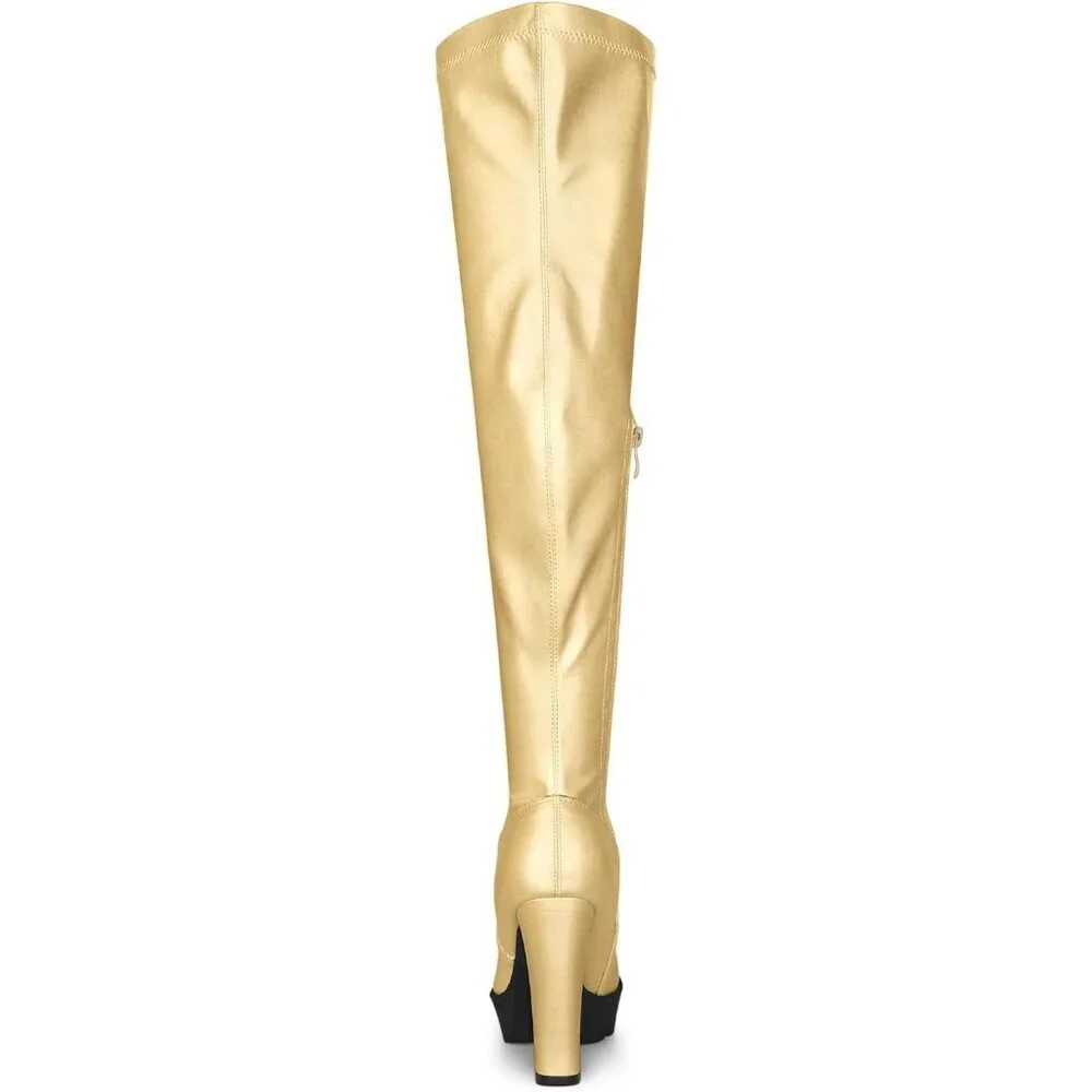 Women's Gold Platform Boots Chunky Heel Over Knee High Rounded Toe Long Boots